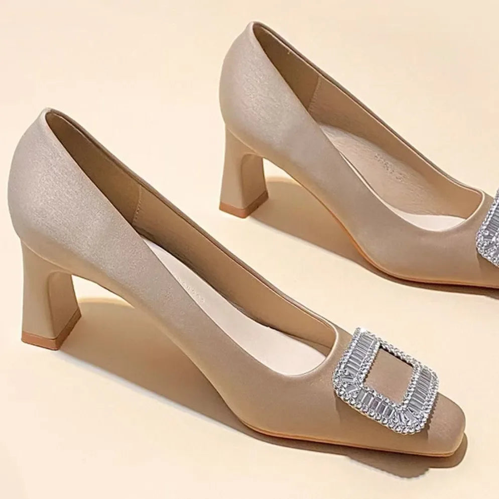 Women's Slip-On Chunky Medium Heel Versatile Boat Shoes Square Buckle Rhinestone Single Shoes