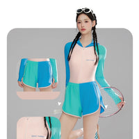 Women Long Sleeve Water Sports Outdoor Bathing Push Up Swim Wear Hooded Female Front Zipper Beach Athletic Surfing Swim Suit