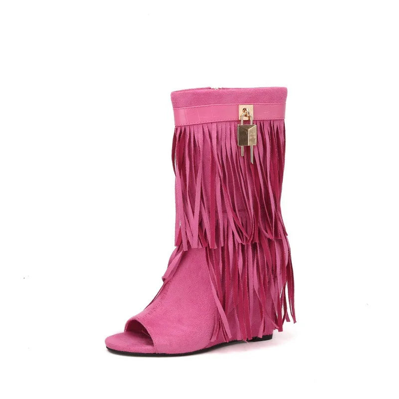 Designer Fringe Wedges Boot Sandals Woman High Heels Open Toe Party Prom Shoes Sexy Zipper Female Pumps Women Boots
