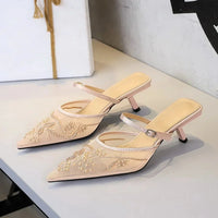 Sexy Embroidered Lace Mesh Slip-On Shoes with Fine Heel And Straps Hollow out Design for Women Fashionable Summer Slippers - Natalia Home Fashion
