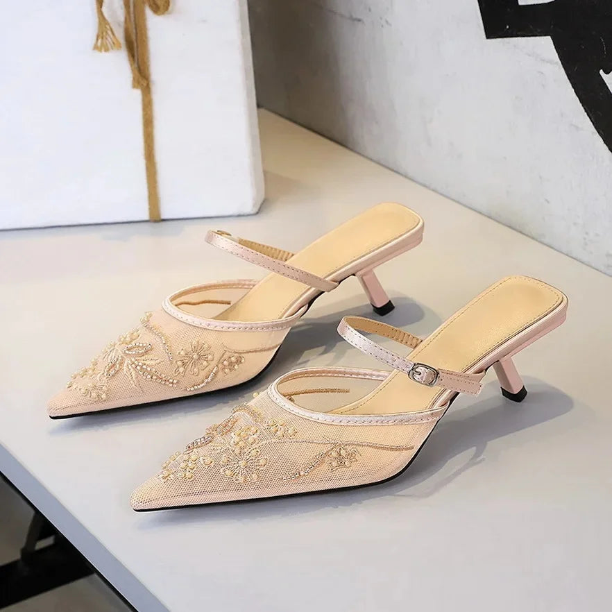 Sexy Embroidered Lace Mesh Slip-On Shoes with Fine Heel And Straps Hollow out Design for Women Fashionable Summer Slippers - Natalia Home Fashion