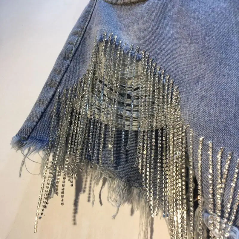 Denim Shorts Women Hole Ripped Jeans Tassels Diamonds Sexy Washed Distressed High Waist Streetwear Straight Short Pants