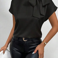 Women's Satin Short-Sleeve Blouse with Tie Collar Large Bow Natalia Home Fashion    Natalia Home Fashion