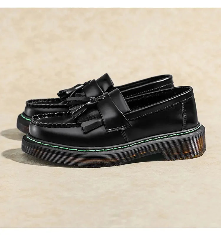 British Style Loafers Casual Round Toe Tassel Women's Leather Low Top Shoes Fashionable Slip-On Shoes