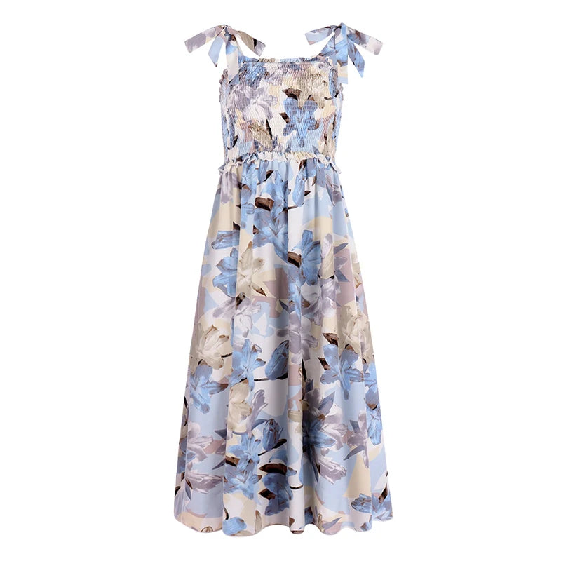 Women's Summer Beach Dress Female Strap Long Sundress Sexy Flower Print Backless Maxi Dresses Lady Casual Sleeveless Vestidos