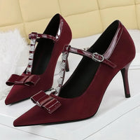 Banquet Bow Rivet T-button Pointed Head High Heel Women's Single Shoes