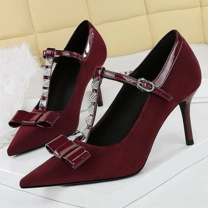 Banquet Bow Rivet T-button Pointed Head High Heel Women's Single Shoes