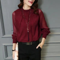 Korean Style Women's Chiffon Shirt Stand Collar Base Layer Top Spring Autumn New Fashion Sexy Mesh Lace Trim Long Sleeve Blouse Natalia Home Fashion    Natalia Home Fashion