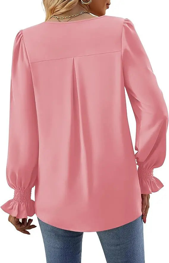 Fashion Simple Solid Color Pullover Shirt Women Loose V-neck Flared Sleeve Shirts Top Female Elegant Commuting Clothing
