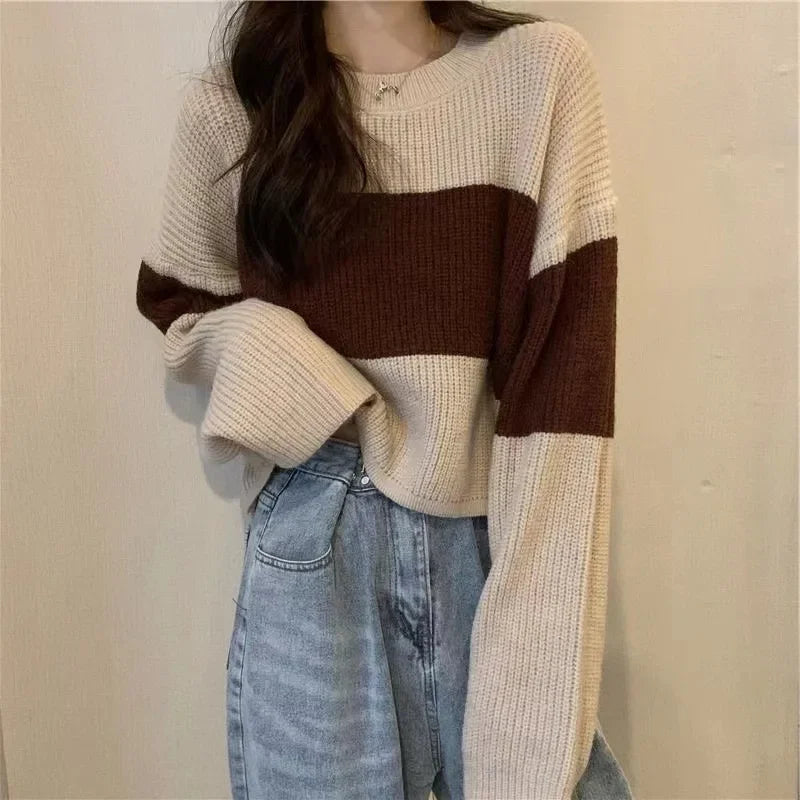 Retro Striped Loose Women's Sweater Design Sensation Lazy Style Short Knitted Shirt Age Reduction Small Audience