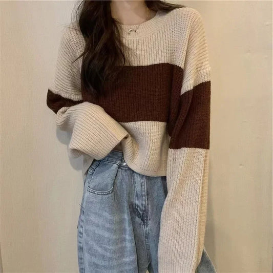Retro Striped Loose Women's Sweater Design Sensation Lazy Style Short Knitted Shirt Age Reduction Small Audience