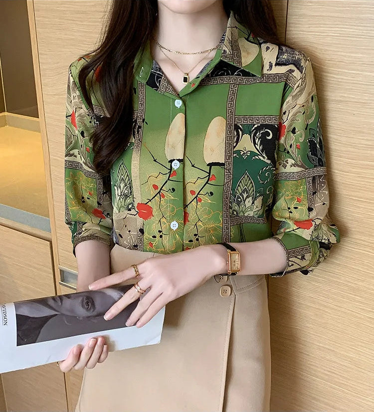 Slim Floral Long-sleeved Shirt Loose Printed Top for Women
