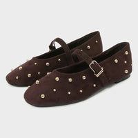 Round Toe Rivets Women Mary Jane Shoes Brown Faux Suede Metal Belt Non-slip Soft Sole Retro Design Ladies Flats