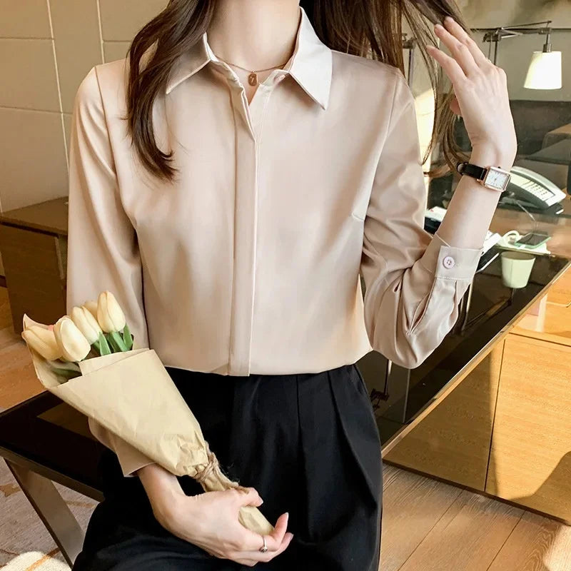 Style Women's Long Sleeve Satin Shirt Casual Style Fashion Design Lightweight Maturity Ladies Blouse