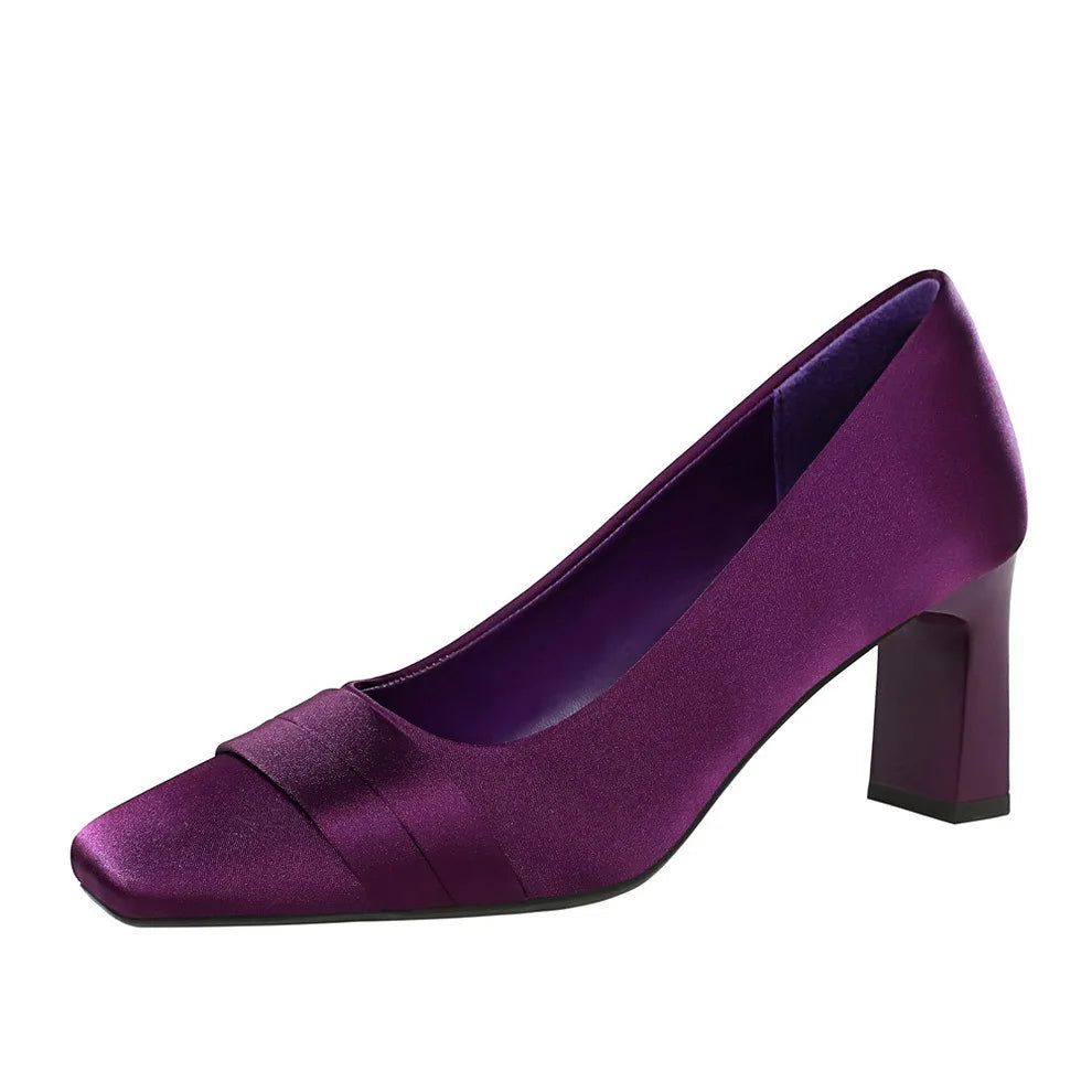 Elegant Satin High Heels Square Toe Slip-On Chunky Heel Comfortable Women's Shoes for Party Fashion Footwear Summer Autumn