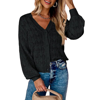 Women's Lightweight Crochet Cropped Cardigan Knitted Hollow Out V Neck Long Sleeve Button up Bolero Shrug Sweater
