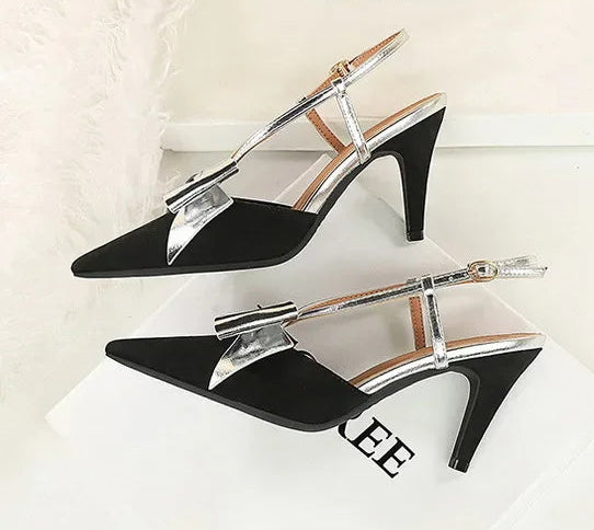 French Style Velvet Pointed Toe High Heels Hollow out Embroidery Butterfly Knot Party Shoes Women's Low Heel Single Shoes