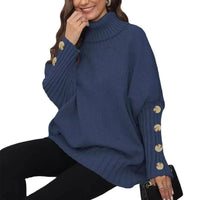 Loose Knitted High Collar Turn-down Collar Sweater for Women Full Sleeve Polyester Fiber Cross-Border Fashion Decorative Button