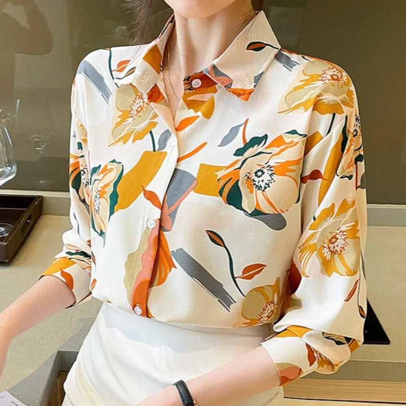 Vintage Style for Women Long Sleeve Flower Printed Spring Autumn semi formal Style Elegant Single Breasted Shirt