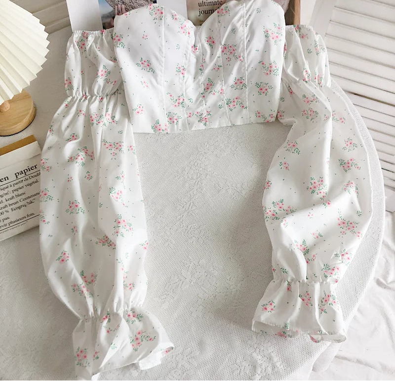 Chic Crop Tops Blouses Women Sexy Lady Slash Neck Flare Sleeve Floral Sweet Long Sleeve Crop top Shirts