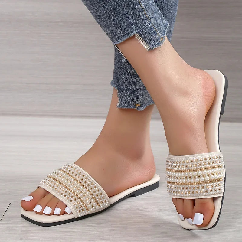 Flat Bottom Sandals Women's Fashionable Pearl Casual Beach Slippers Comfortable Rubber Upper Footwear - Natalia Home Fashion