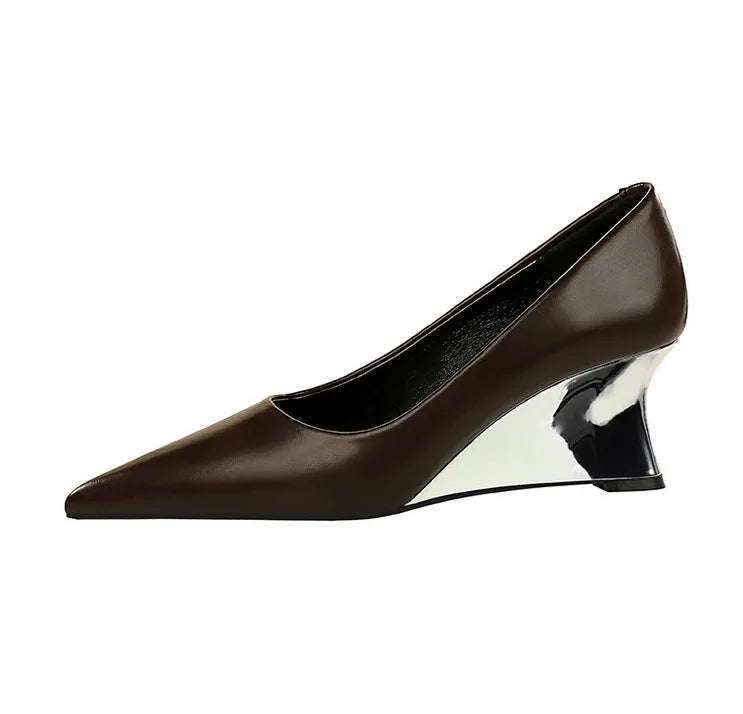 Spring Fashion Pointed Toe Pumps Woman Metal Decoration Wedges Heels Elegant Ladies Shoes