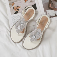 Womens Bohemian Floral Rhinestone Sandals Elegant Crystal Flower Décor Elastic Ankle Strap Soft Cushioned Insole Non Slip Sole