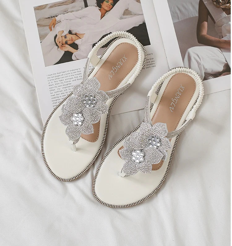 Womens Bohemian Floral Rhinestone Sandals Elegant Crystal Flower Décor Elastic Ankle Strap Soft Cushioned Insole Non Slip Sole