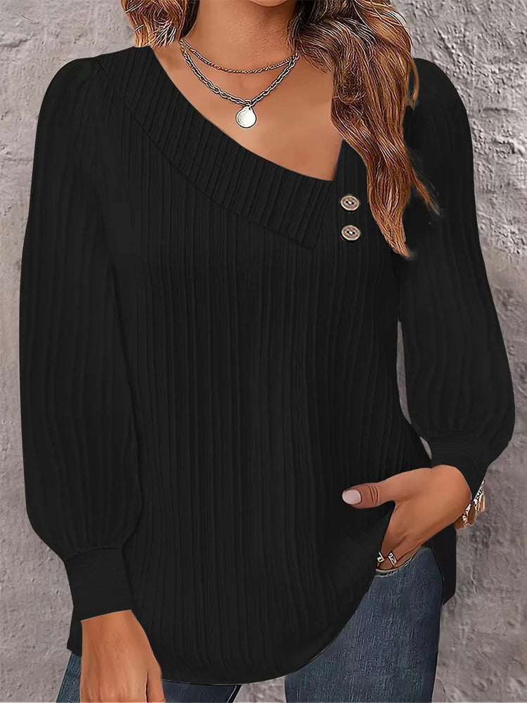 Simple Button V-neck Pullover Women's Solid Long Sleeve Casual T-shirts Elegant Lady Blouses