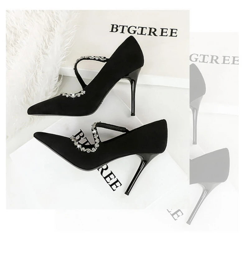 Banquet Pointed Toe High Heels Diamond Chain One-Strip Thin Heel Super High Heels Light Mouth Elegant Lace-Up