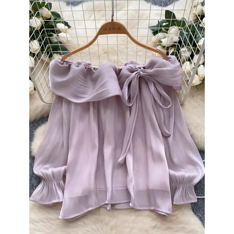 Blouses Design Sense Niche Chic Off Shoulder Shirt Women's French Gentle Style Loose Versatile Western-style Flowing Mesh Top