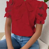 Blouses for Women Trendy Round Neck Mesh Patchwork Short Sleeve Blouse with Neck Tie Short Sleeve Tops T-shirts - Natalia Home Fashion