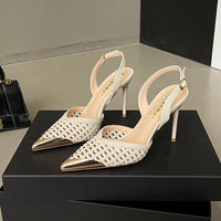 Elegant Hollow Out Woven Stiletto Sandals Women Pointed Toe Metal Straps High Heels