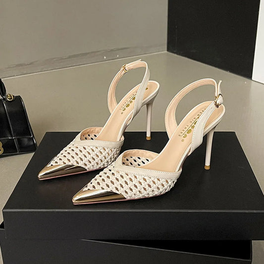 Elegant Hollow Out Woven Stiletto Sandals Women Pointed Toe Metal Straps High Heels