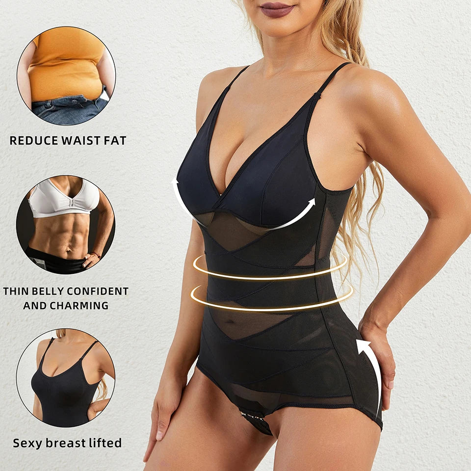 Women Sculpting Bodysuit Cross Compression abs Shaping Briefs Slimming Shapewear Over Bust Deep V Full Body Shaper Tummy Control