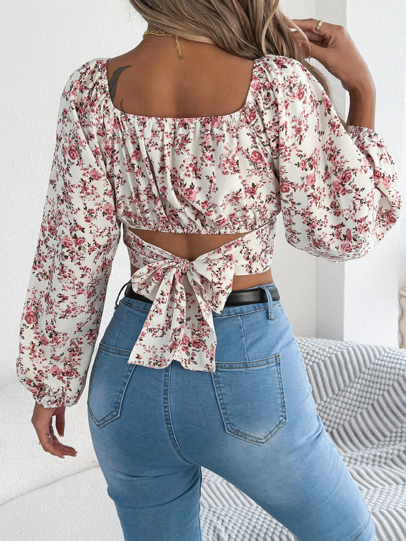 Spring Square Neck Backless T-shirt Casual Women Long Sleeve Bodycon Crop Top Club Short Tops