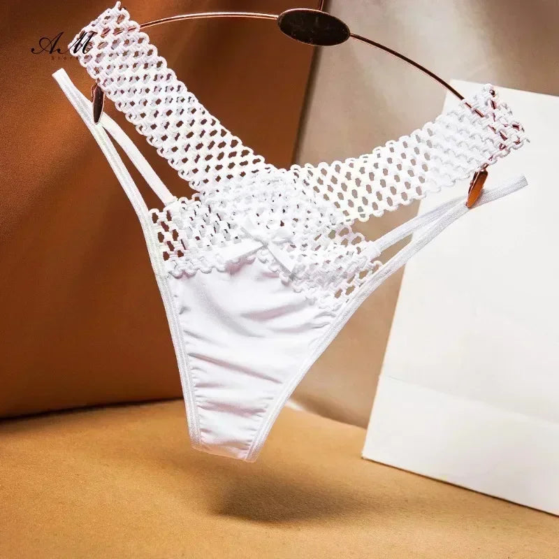 Women's Panties Cross Cut Ice Silk Thong Sports Fashion Perspective Low Waist Ribbons sexy lingerie thongs