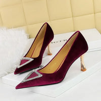 Designer Women Heels Prom Pumps Lady Velvet Pointed Toe 7cm Thin High Heels Pearl Crystal Buckle Shoes