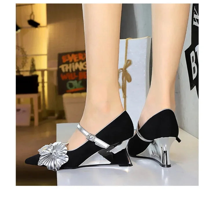 Metal Wedges 6 cm Women Pumps Flower Design High Heels Suede Sexy Party Shoes Buckle Ladies Shoes Women Wedges