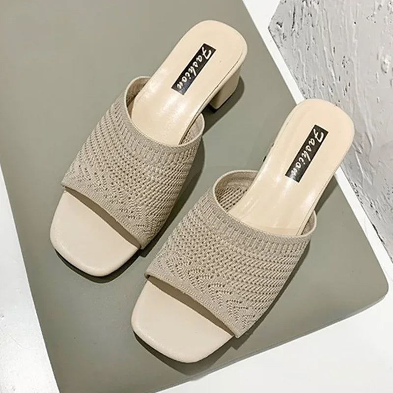 Women Slippers Open Toe Comfort Slippers Women Fashion Fly Weave Outdoor Sandals Women Medium Heel Slippers - Natalia Home Fashion