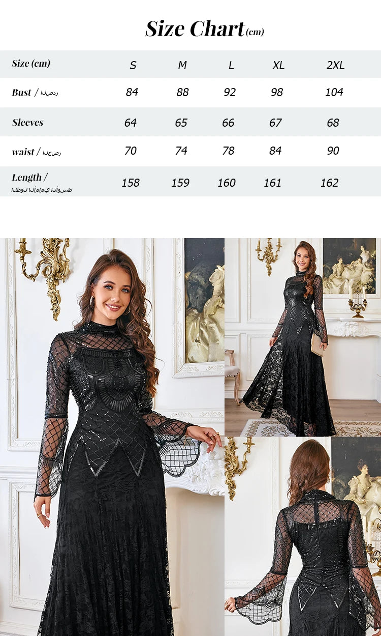 Black Lace Mermaid Elegant Evening Dress for Women High Neck Long Sleeve Sequins Party Dresses Prom Gowns Wedding