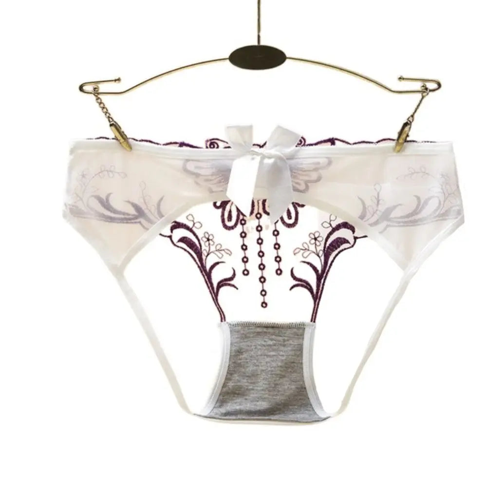 Low Waist Bowknot Lace Hollow Briefs Thin Leaf Flower Mesh Transparent Panties Underpants Open Cotton Crotch