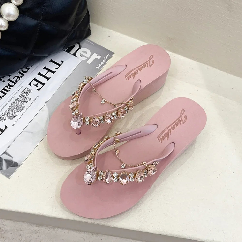 Women Slippers Fashion Summer New Water Diamond Flip Flops Women Outwear Thick Sole Slope Heels Beach Vacation Slippers