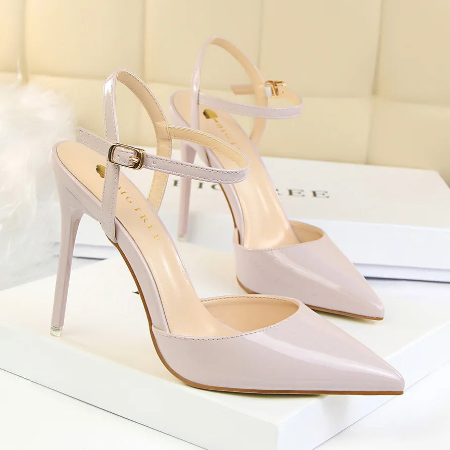 Women 10.5cm High Heels Sandals Lady Metallic Gray Patent Leather Stripper Ankle Strap Sandals Wedding Fetish Nightclub Shoes