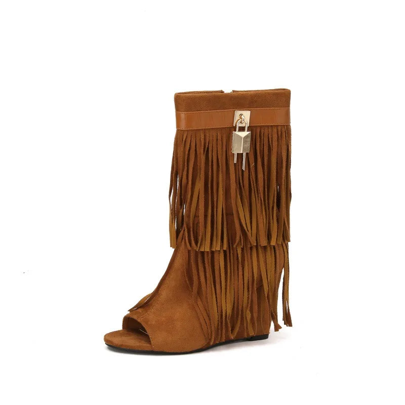 Designer Fringe Wedges Boot Sandals Woman High Heels Open Toe Party Prom Shoes Sexy Zipper Female Pumps Women Boots