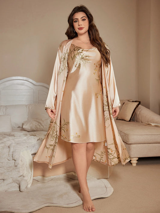 2 Piece Plus Size Women's Pajamas Gown Set Stylish Sexy Cherry Print Pajamas