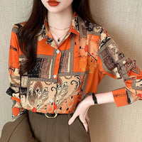 Slim Floral Long-sleeved Shirt Loose Printed Top for Women