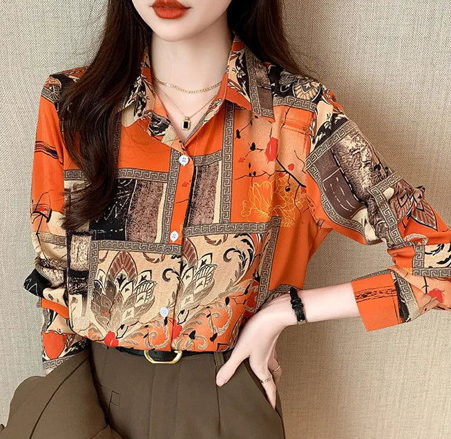 Slim Floral Long-sleeved Shirt Loose Printed Top for Women