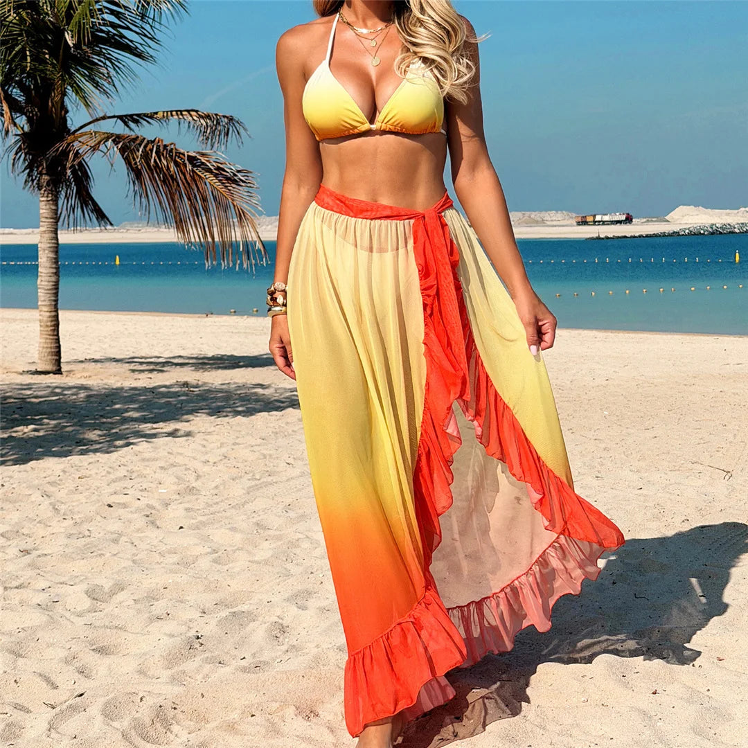 Bather Bathing Suit Swim Brazilian With Sarong Halter Gradient Bikini Women Swimwear Female Swimsuit Three-pieces Bikini set