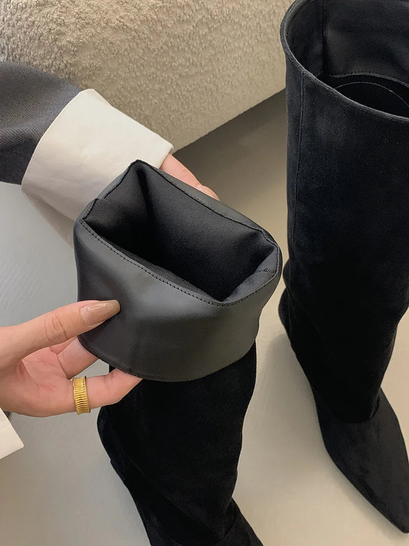 Street Style Pointed Toe Knee-High Boots Women Low Heels Shoes Female Long Booties Women Shoes